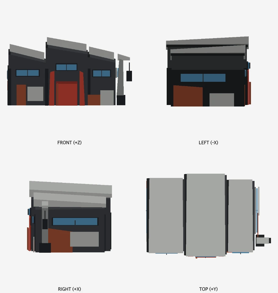 Salvage Workshop model elevations